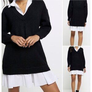 Rio & Rian Black Knit Midi Sweater Sz L‎ Dress with Button Down White Blouse NWT